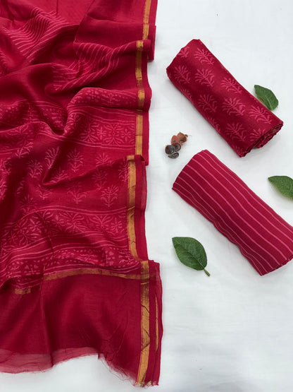 Hand Block Printed Chanderi Silk Cotton Dress Material with Shantoon Bottom