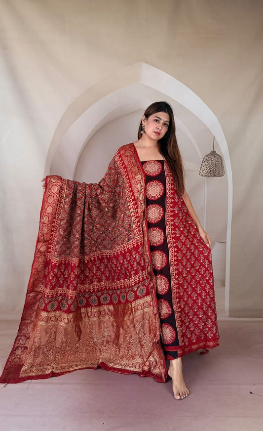 Ajrakh Dola Silk Dress Material
