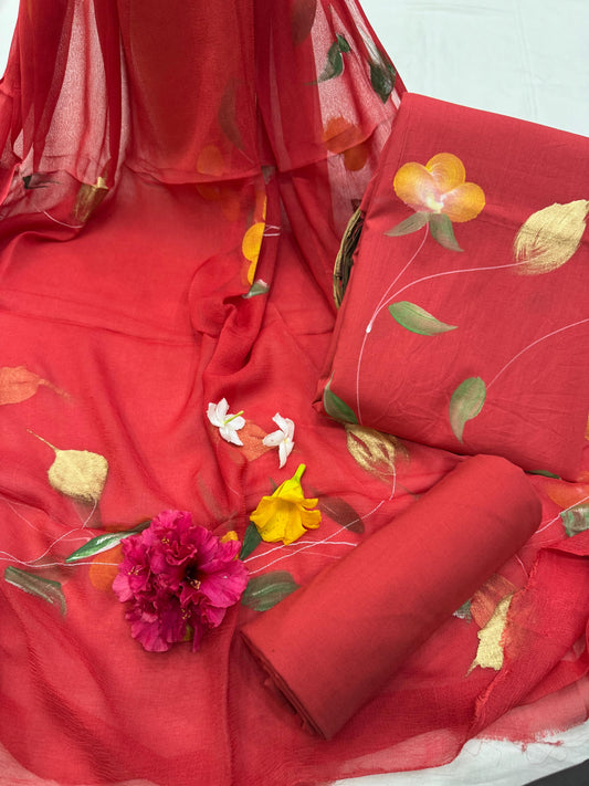 Hand Painted Cotton Dress material with Chiffon Dupatta *
