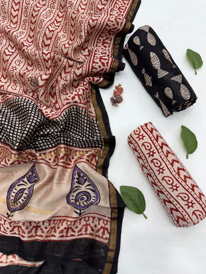 Hand Block Printed Chanderi Silk Cotton Dress Material with Shantoon Bottom
