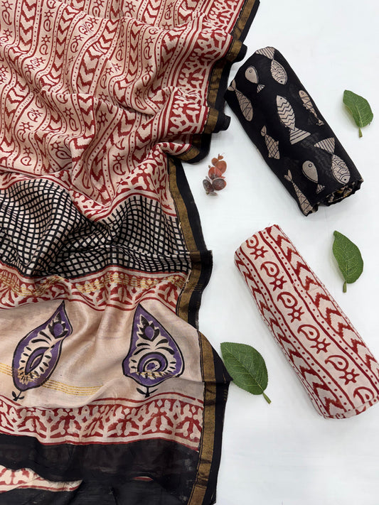 Hand Block Printed Chanderi Silk Cotton Dress Material with Shantoon Bottom