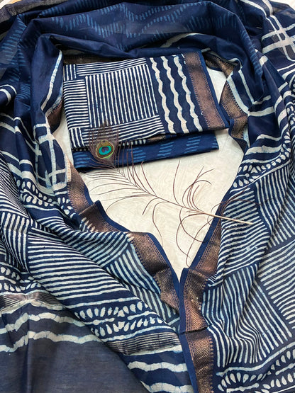 Indigo Hand BlockPrint Maheshwari Silk Cotton Dress Material