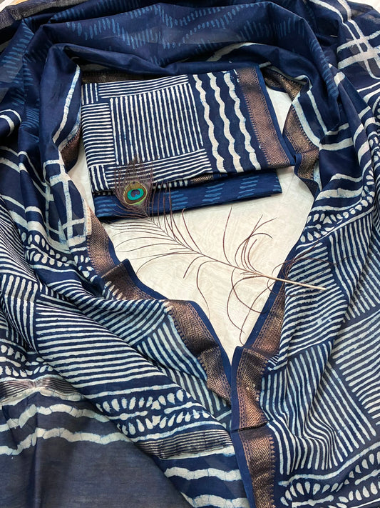 Indigo Hand BlockPrint Maheshwari Silk Cotton Dress Material