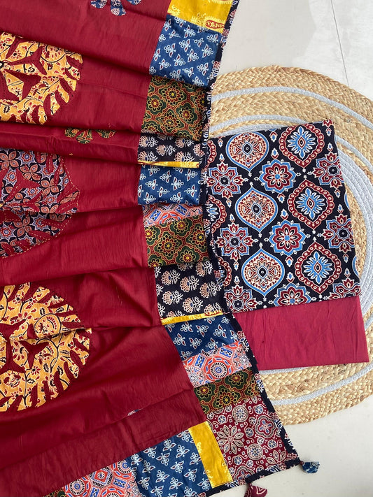 ajrakh cotton dress material ajrakh print cotton fabric women dress fabric Block printed ,Jaipuri Print Fabric By Yard, red blue Ajrakh print cotton traditional fabric