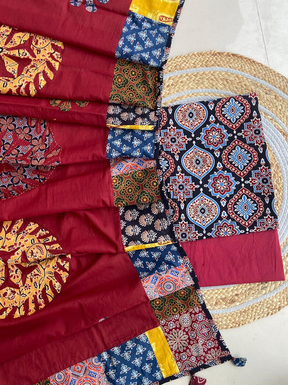 Ajrakh Cotton Dress Material with Mirror work Dupatta