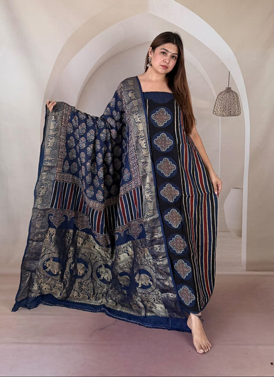Ajrakh Dola Silk Dress Material wth Banarasee Border Dupatta
