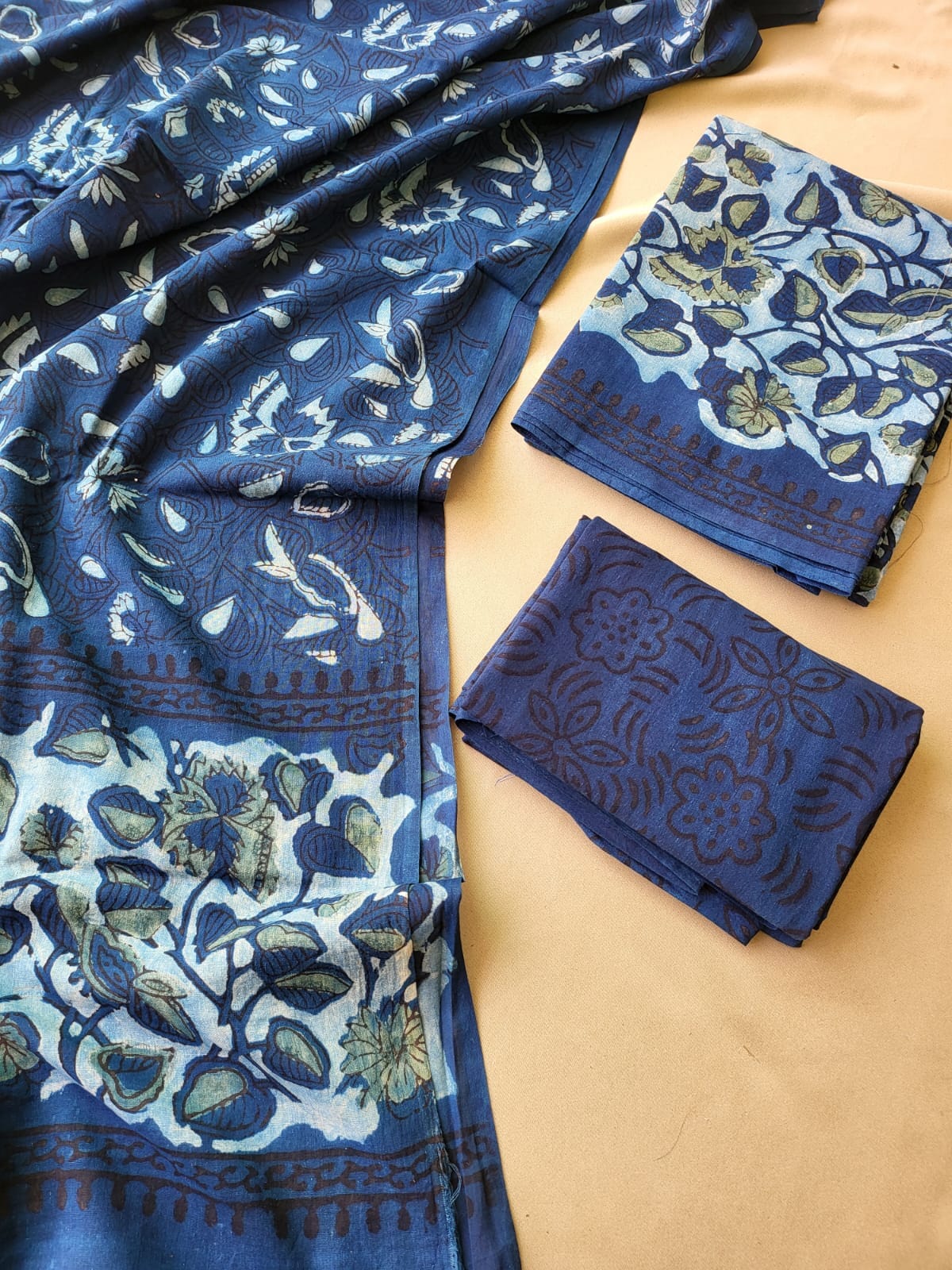 Ethnics of Kutch Cotton Ajrakh Block Print - Natural Dye - DRESS MATERIAL  240 cms Top x 240 cms Bottom x 220 cms Dupatta - Hand Printed - Indic Brands