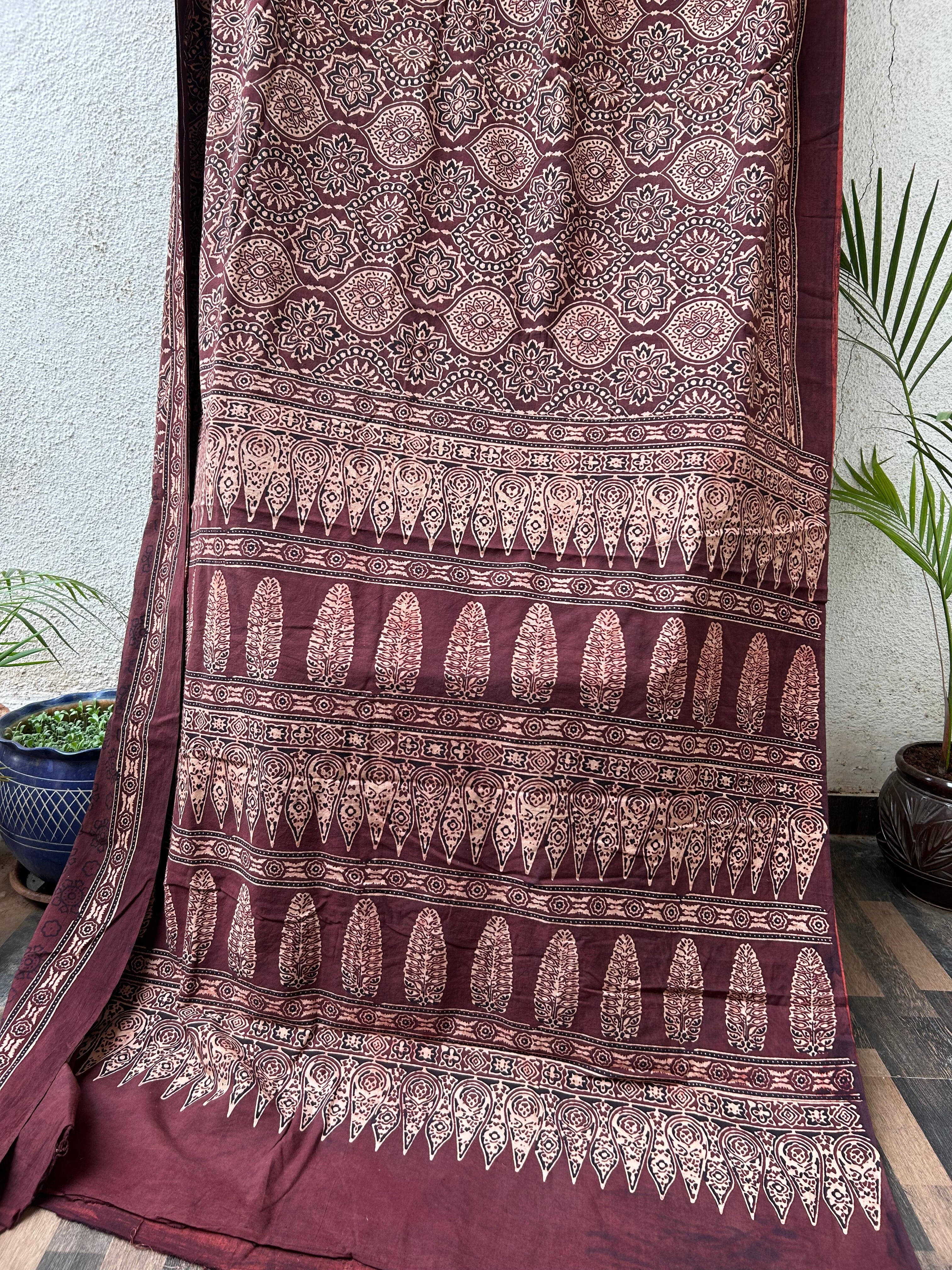 Buy online Ajrakh Printed Silk saree - Purple-AF1236