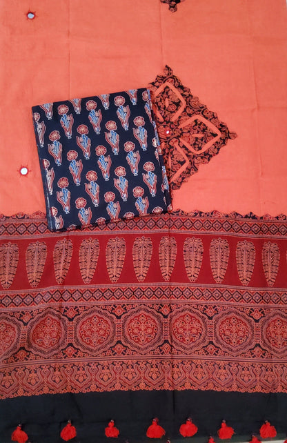 Ajrakh Applique Work Cotton Top Dupatta Set