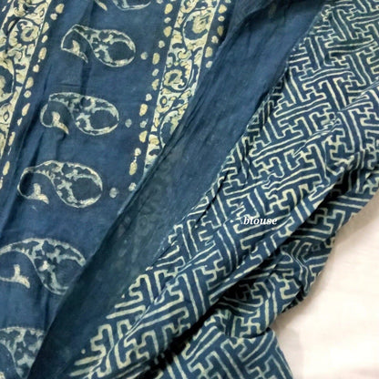 Ajrakh Hand Block Printed Cotton Saree with Blouse