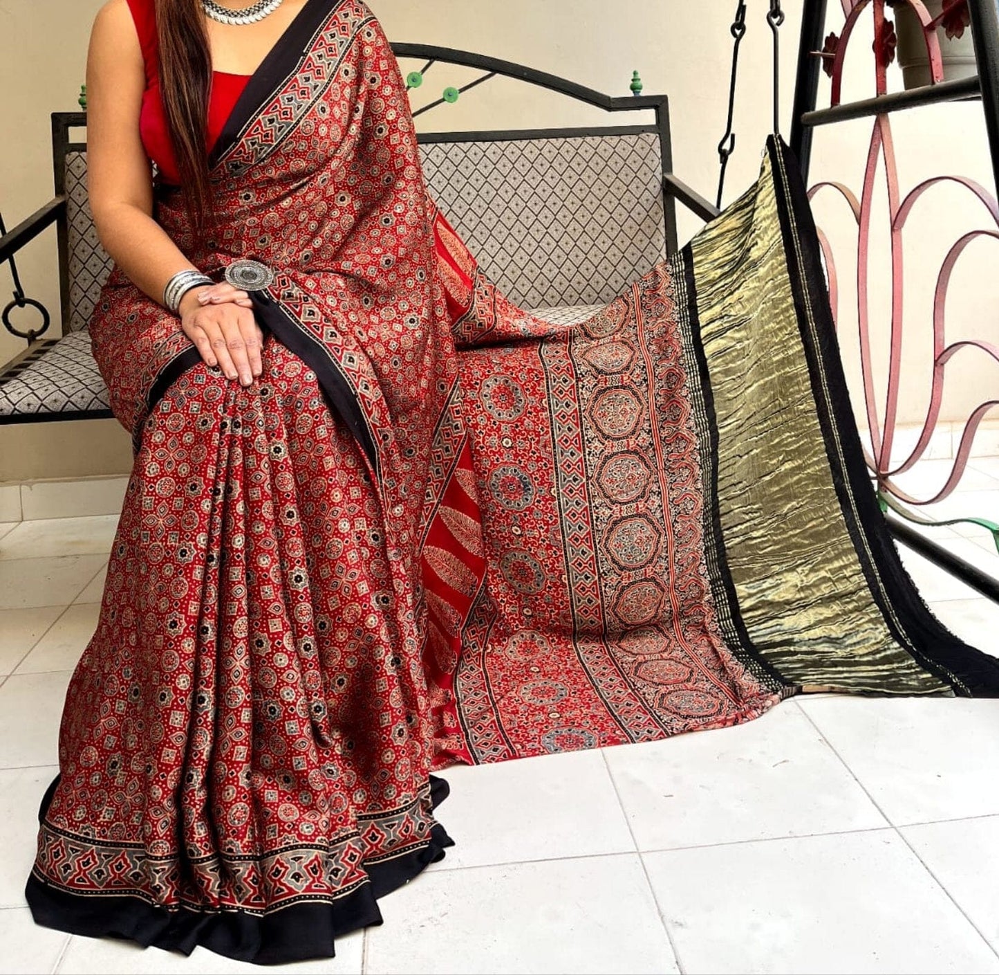 Ajrakh Modal Silk Saree with lagdi Pallu