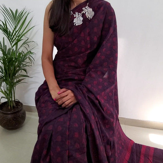Akola Hand Block Print Cotton Saree with Blouse