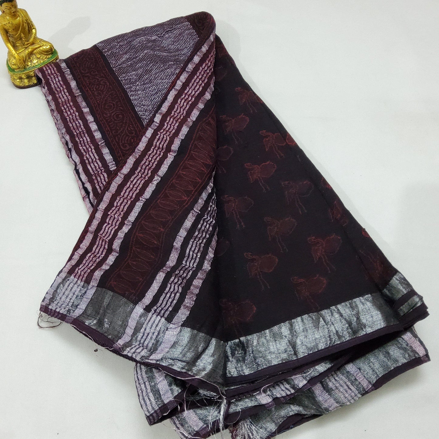 Akola Hand Block Print Linen Cotton Saree with Silver Border