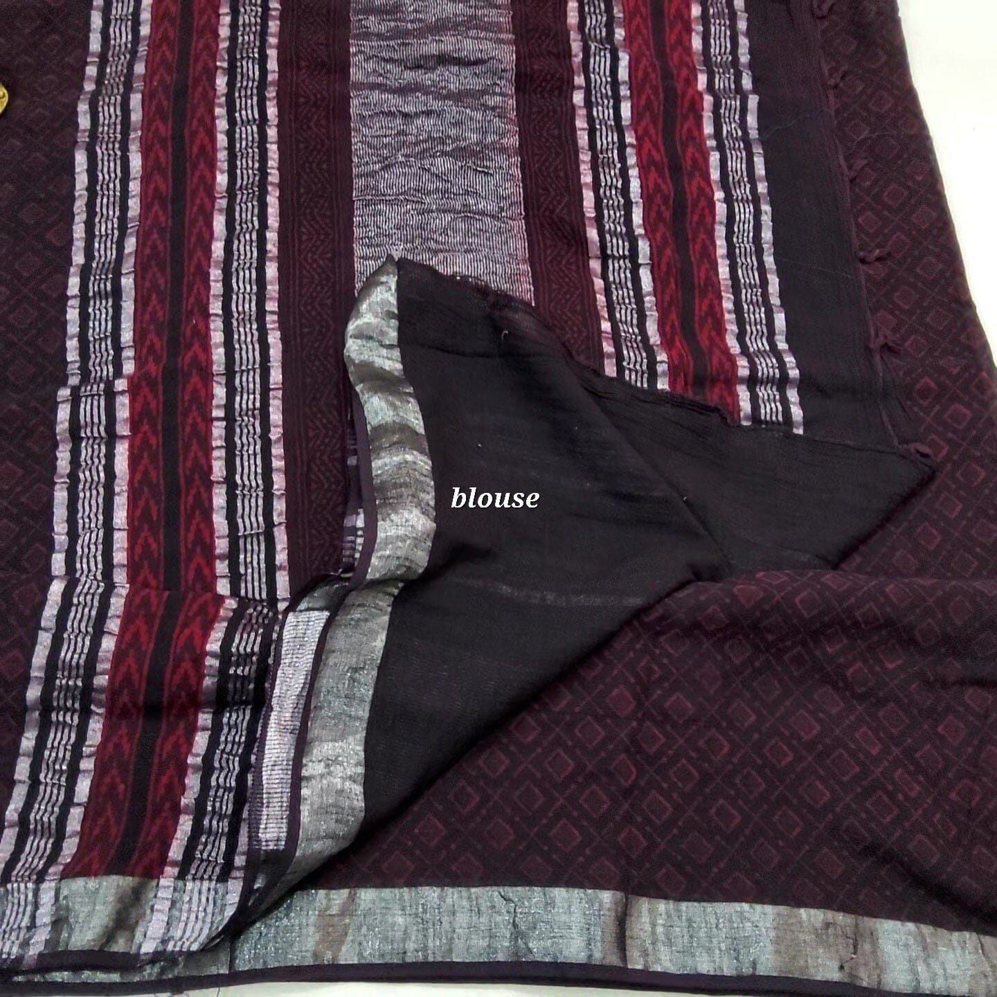 Akola Hand Block Print Linen Cotton Saree with SIlver Border