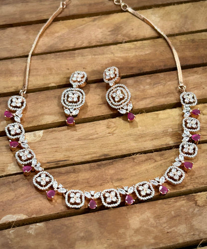 American Diamond necklace in pink stones and rose gold polish