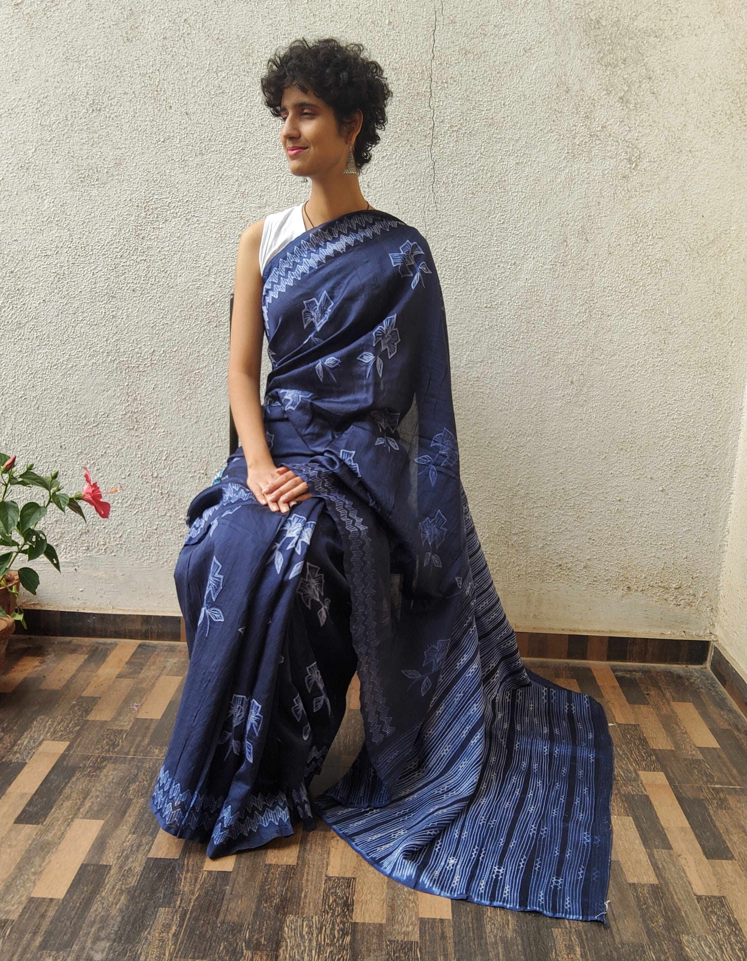 Buy Indigo Blue Silk Saree with Embroidery Online