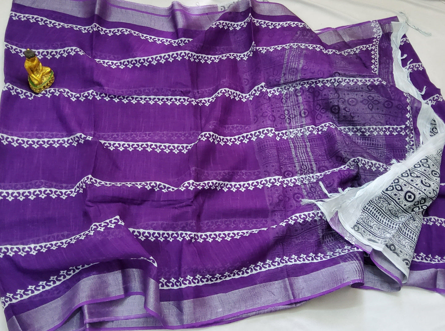 Bagru Block Print Linen Cotton Saree with Silver Border