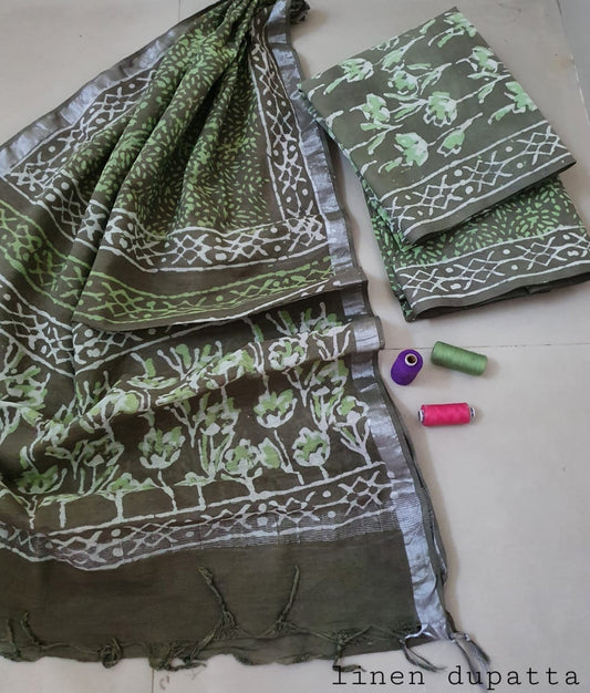 Bagru Cotton Dress Material with Linen Dupatta