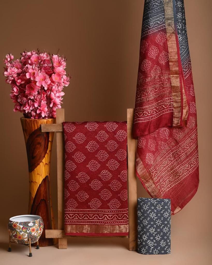Ajrakh Modal Silk Natural Dyed Block Print Fabric – THE INDIAN ETHNIC CO.