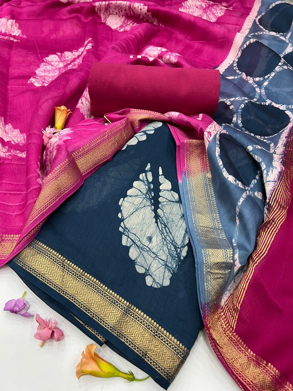 Tvis and Bliss. Peacock Blue and Brick Red Handblock Print Maheshwari Silk Dress  Material With Zari Border