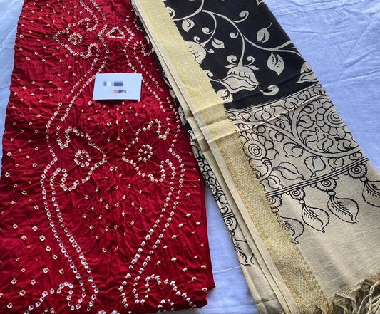 Bandhej Cotton Kurta with Hand Painted Kalamkari Cotton Dupatta