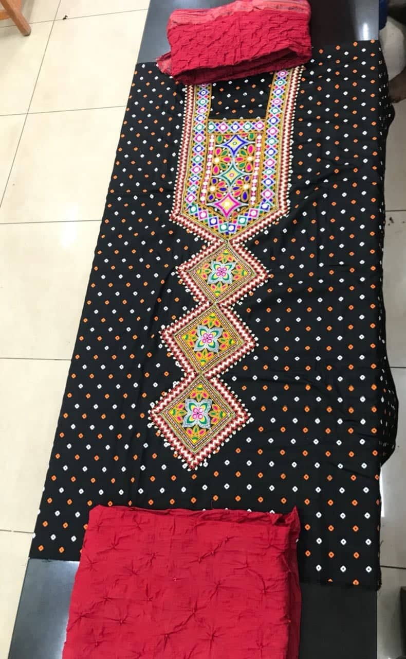 Bandhej Glace Cotton Dress Material with Kutchh Patchwork