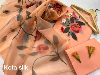Block print cotton dress material with Kota Silk dupatta