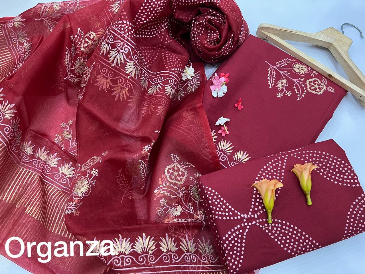Block print cotton dress material with organza dupatta