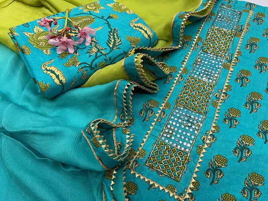 Block Print Cotton Embroidered Dress Material with Chiffon Dupatta
