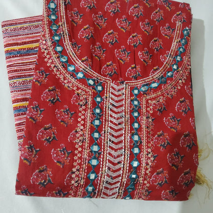 Block Print Cotton Embroidered Dress Material with Cotton Dupatta
