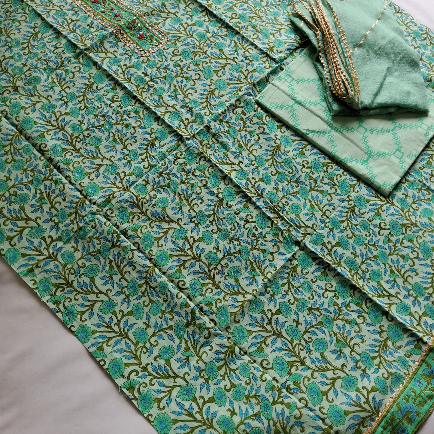 BlockPrint Cotton HandWork Dress Material with Kota Doriya Dupatta