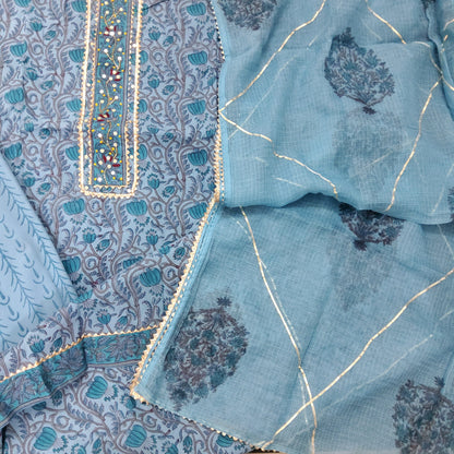 Block Print Cotton Handwork Salwar Suit with Kota Doriya Dupatta