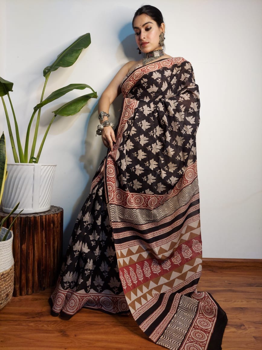 Handblock printed pure cotton mulmul sarees with blouse – Gulabi Silk