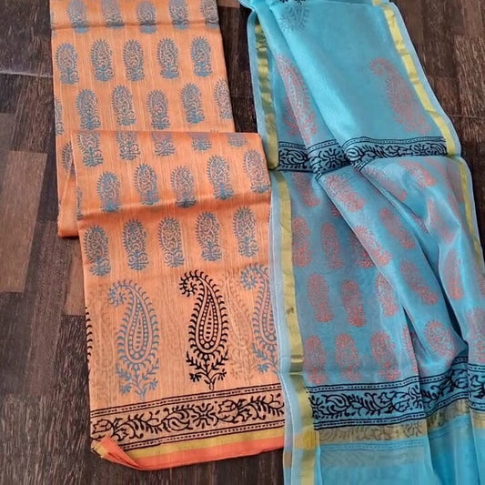 BLock Printed Peach Top Dupatta set