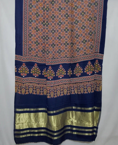 Blue Ajrakh Modal Silk Dupatta with tissue pallu