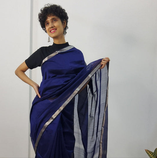 Blue Maheshwari Handloom Silk Cotton Saree with Silver Border
