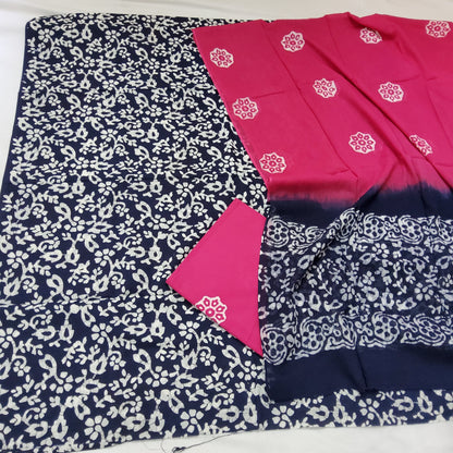 Blue pink Batik Cotton Dress Material with Cotton Dupatta