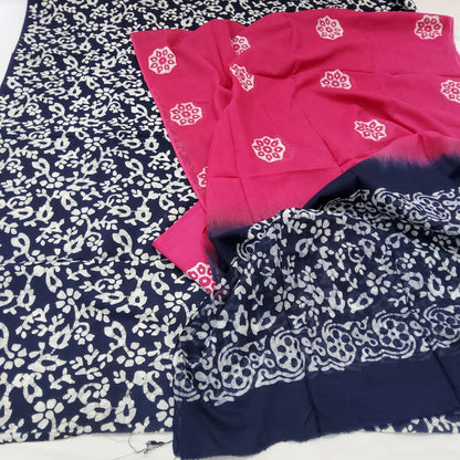 Blue pink Batik Cotton Dress Material with Cotton Dupatta