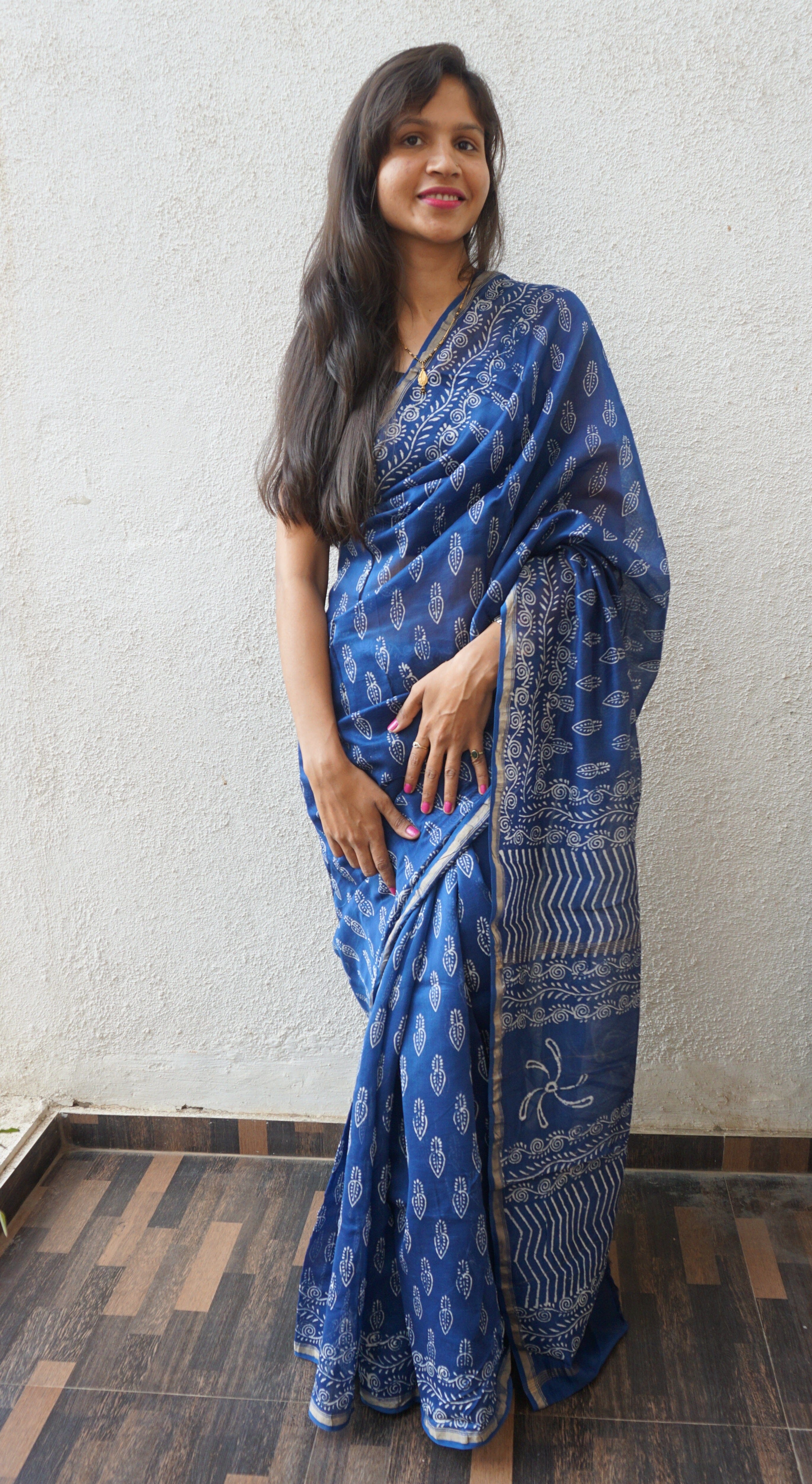 Block Print Blue Linen Printed Saree, 6.3 m (with blouse piece) at Rs 758  in Jaipur