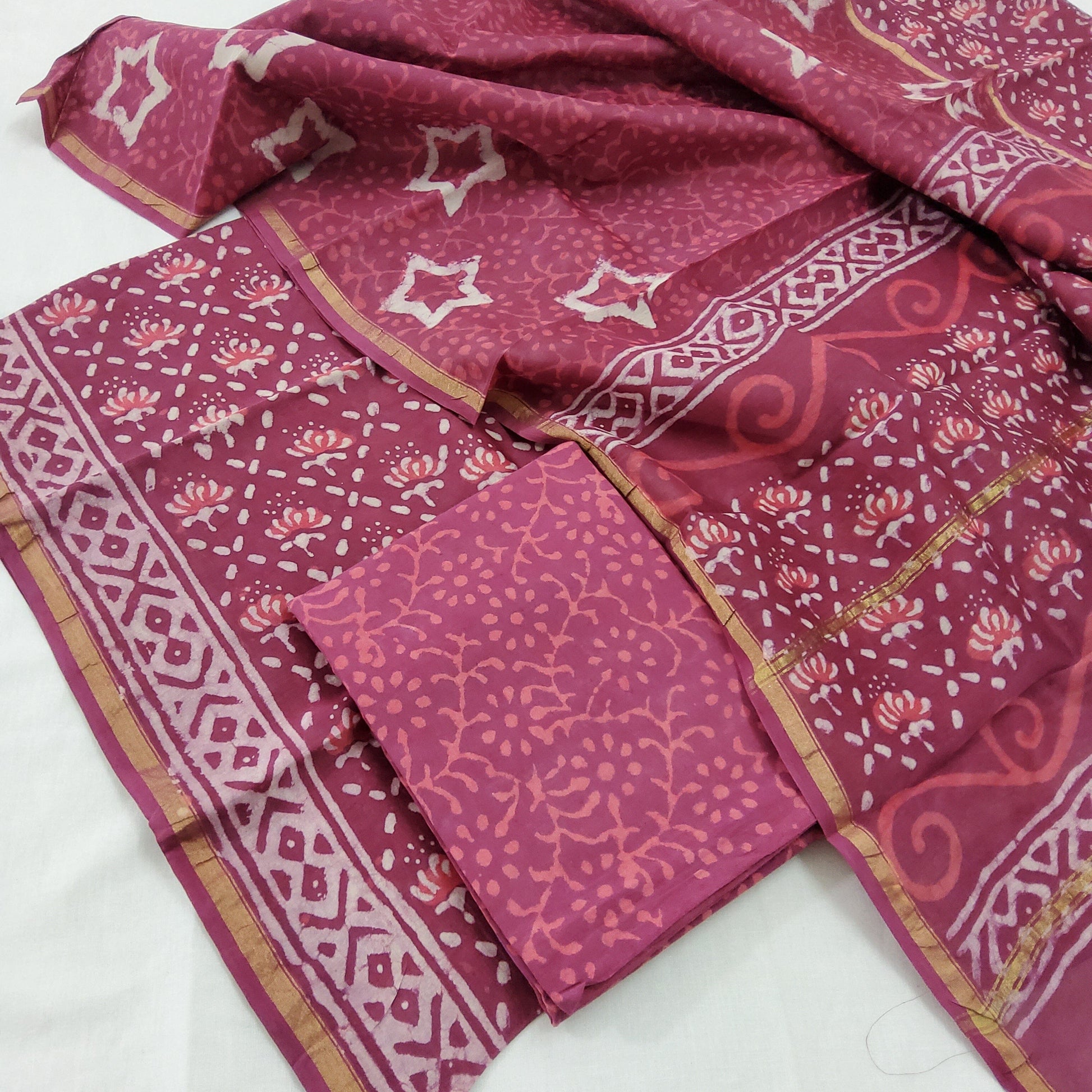 Chanderi Hand Block Print Dress Material