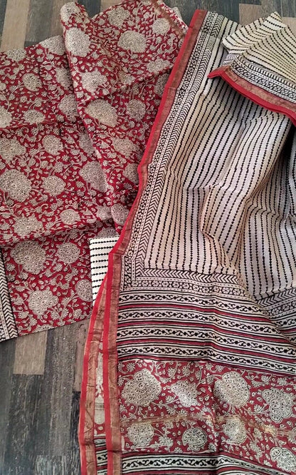 Maroon Chanderi Bagru Printed Dress Material