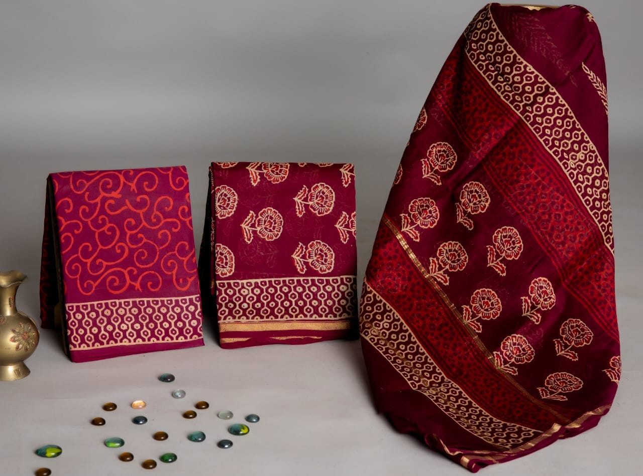 Chanderi Silk Hand Block Print Dress Material