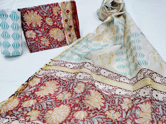 Block Printed Chanderi Dress Material