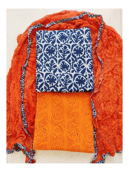Hand BlockPrint Cotton Dress Material with Chiffon Dupatta