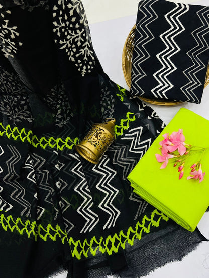 Cotton Block Print Dress Material with Chiffon Dupatta