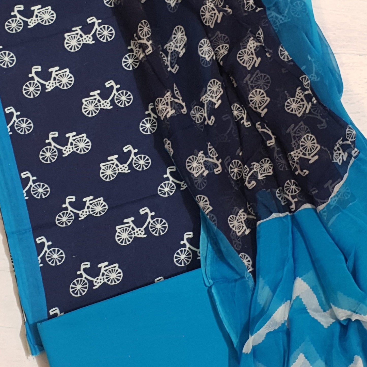 Cotton Block Print Dress material with Chiffon Dupatta in SALE