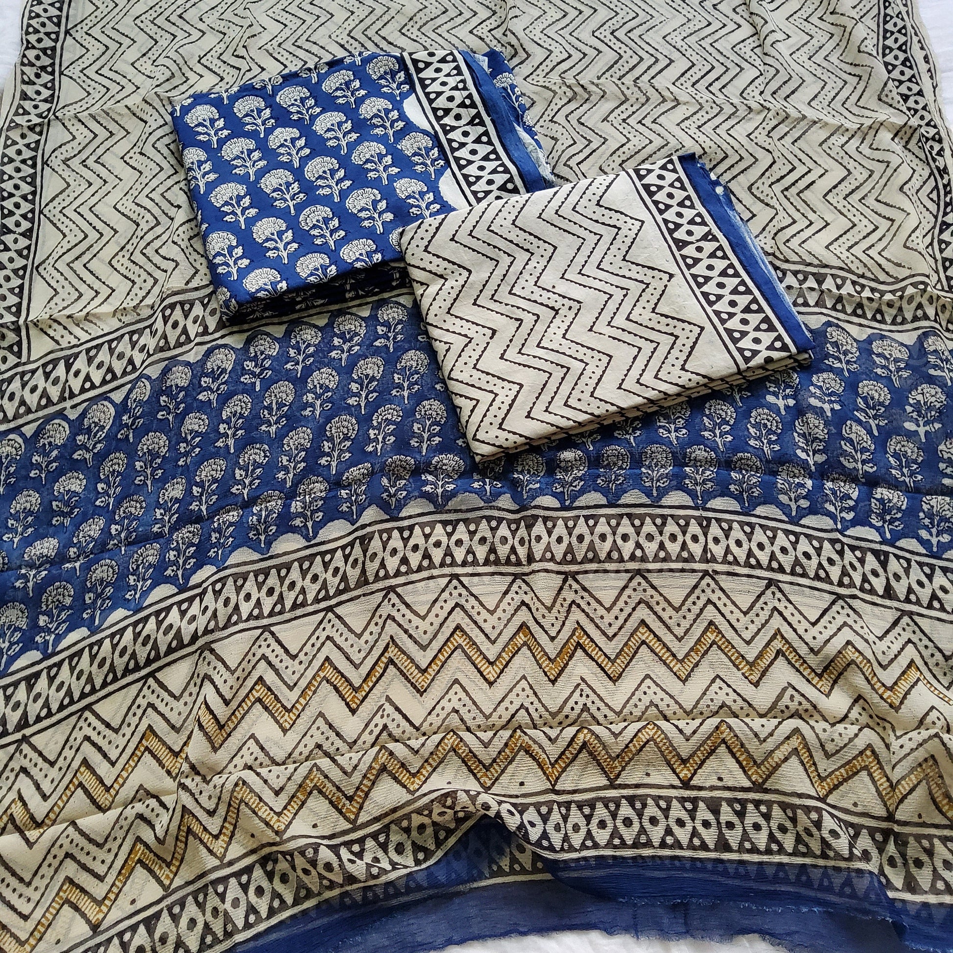 Cotton Block Print Dress Material with Chiffon Dupatta