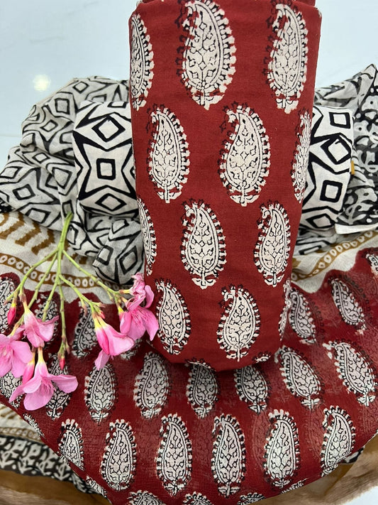 Cotton Block Print Dress Material with Chiffon Dupatta