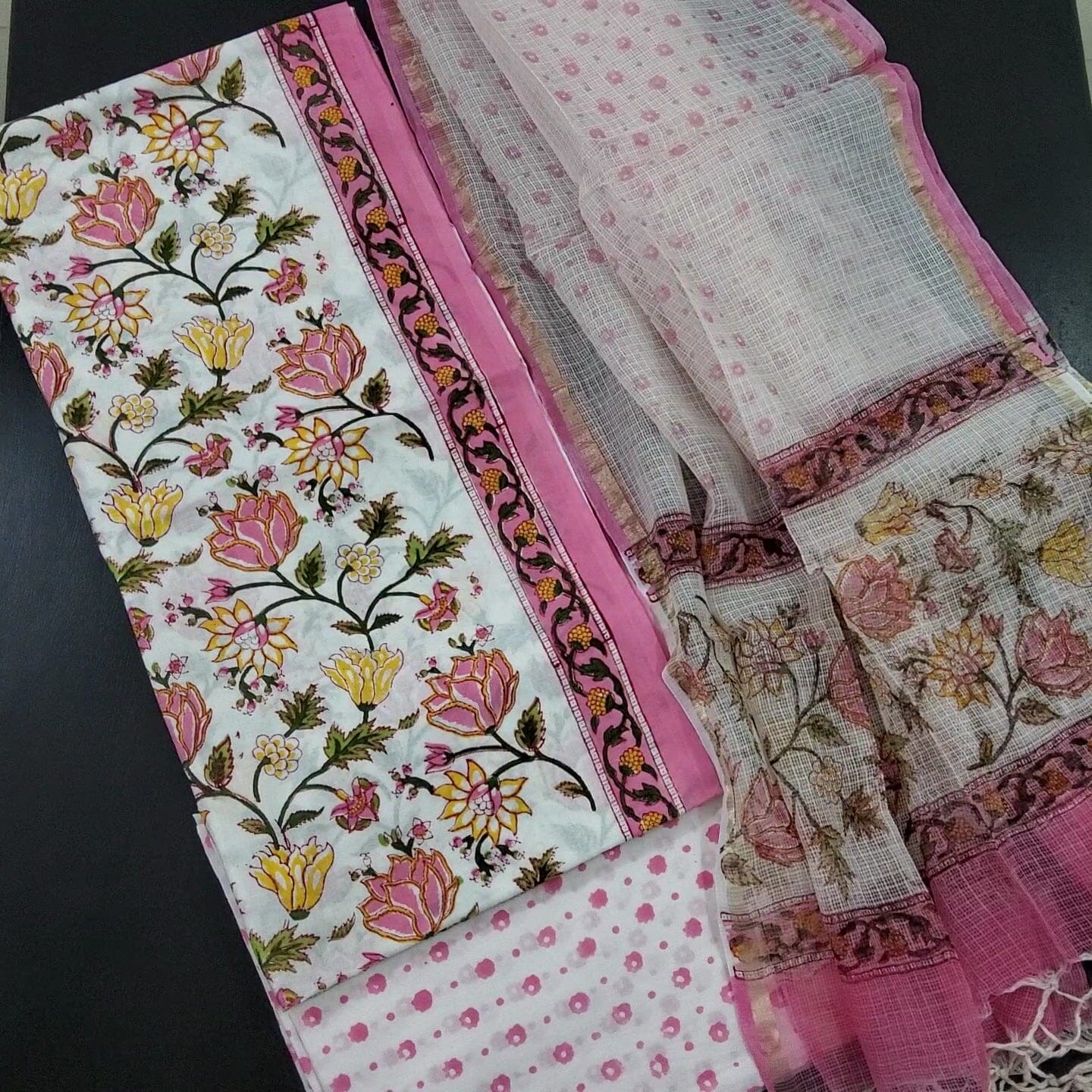 Cotton Block Printed Dress Material with Kota Doria Dupatta