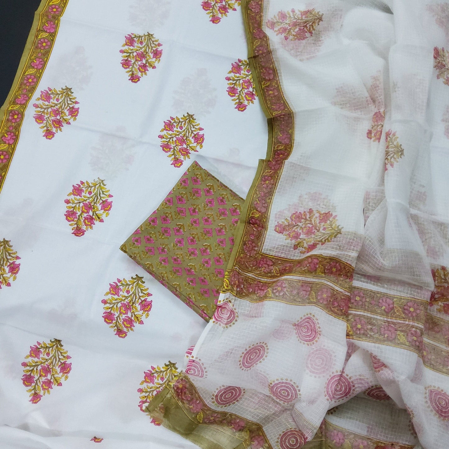 Cotton Block Print Dress Material with Kota Dupatta